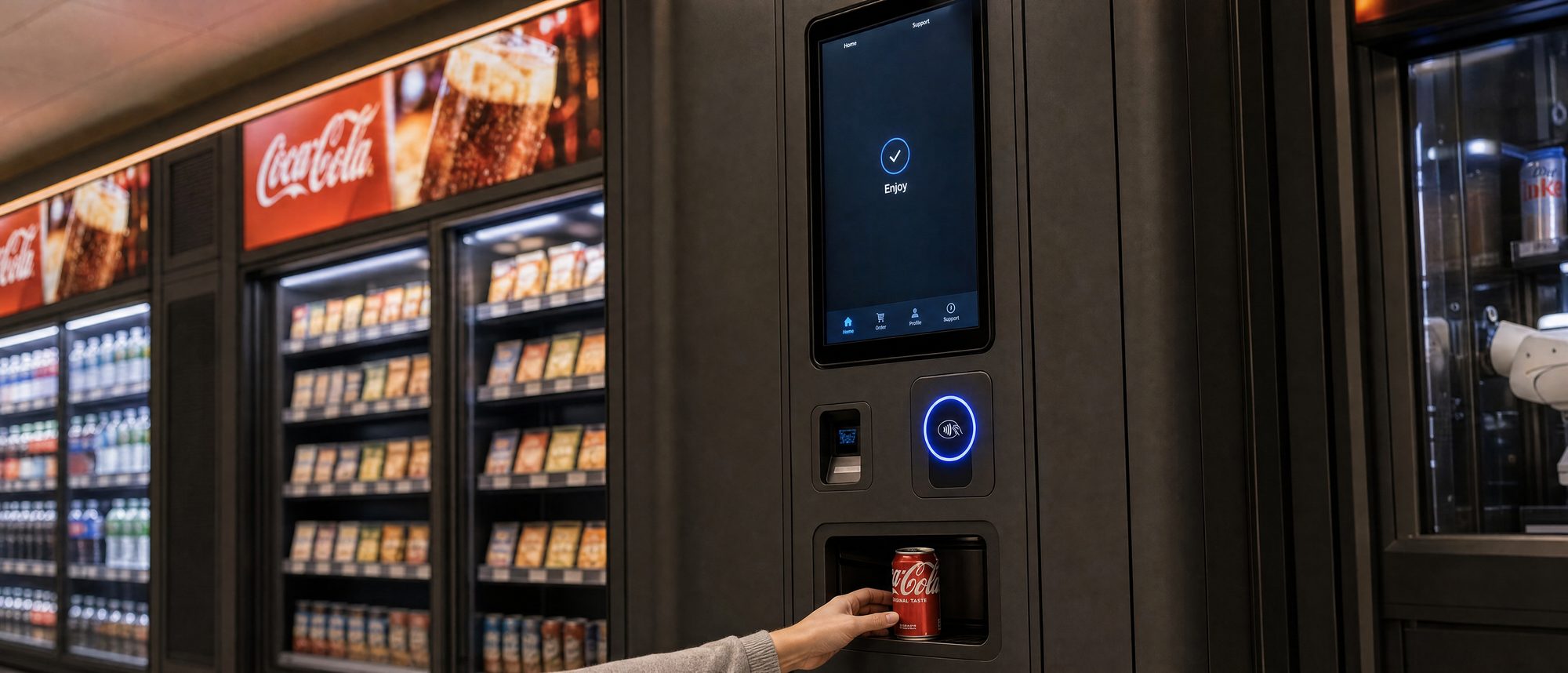 A cold drink being dispensed from a Clerk module inside a gas station