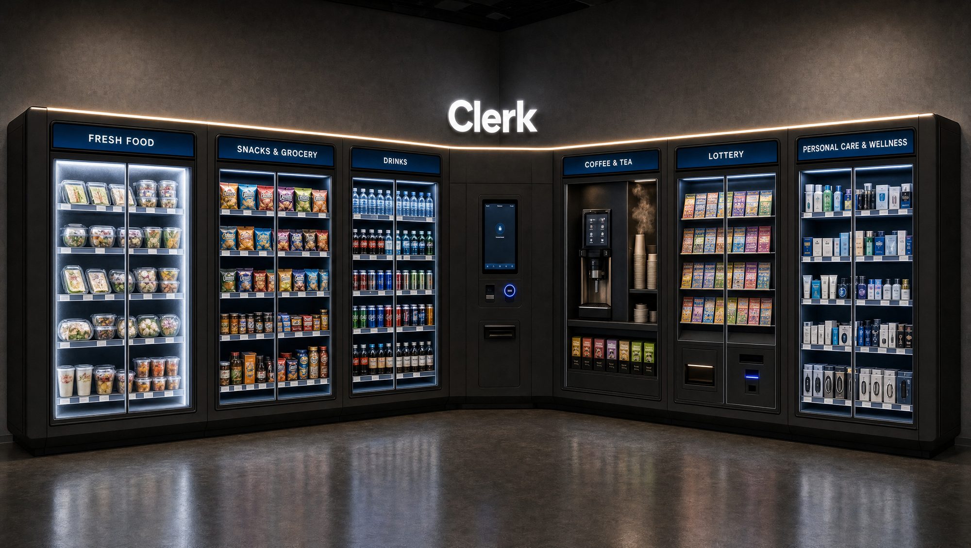 An L-shaped Clerk module wall wrapping the corner of a gas-station store