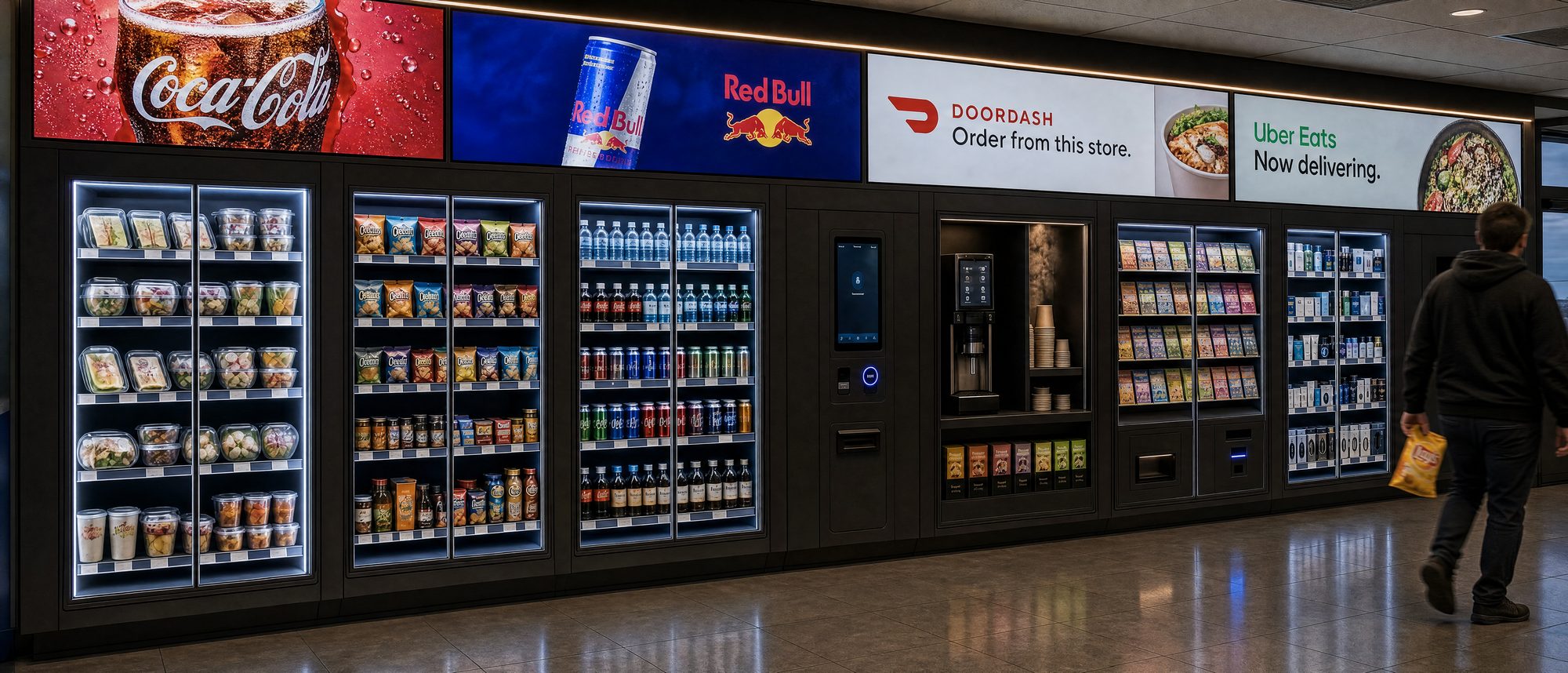 The ad band above a Clerk wall playing Coca-Cola, Red Bull, DoorDash and Uber Eats campaigns