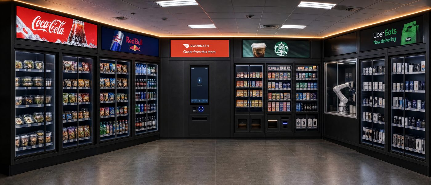 A U-shaped Clerk installation lining three walls of a gas-station store