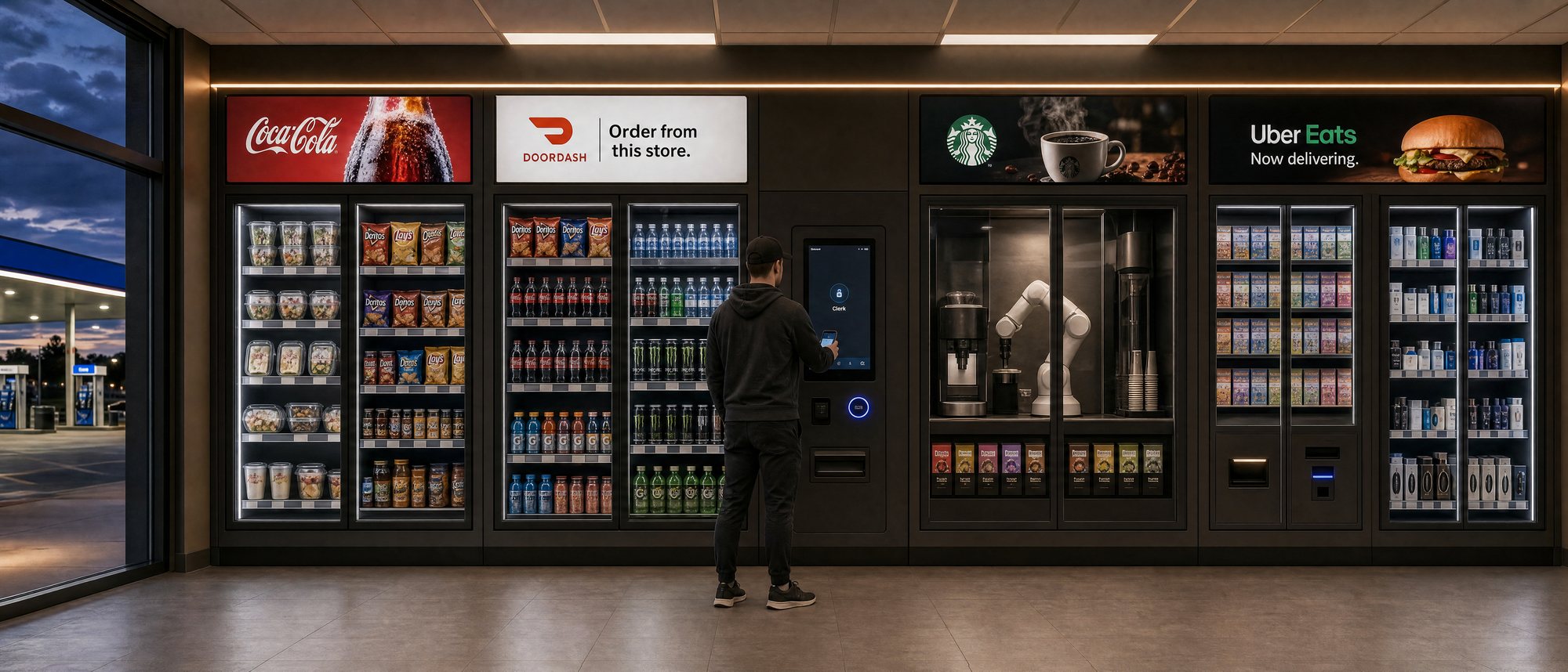 A Clerk module wall inside a gas station, with points marking each feature