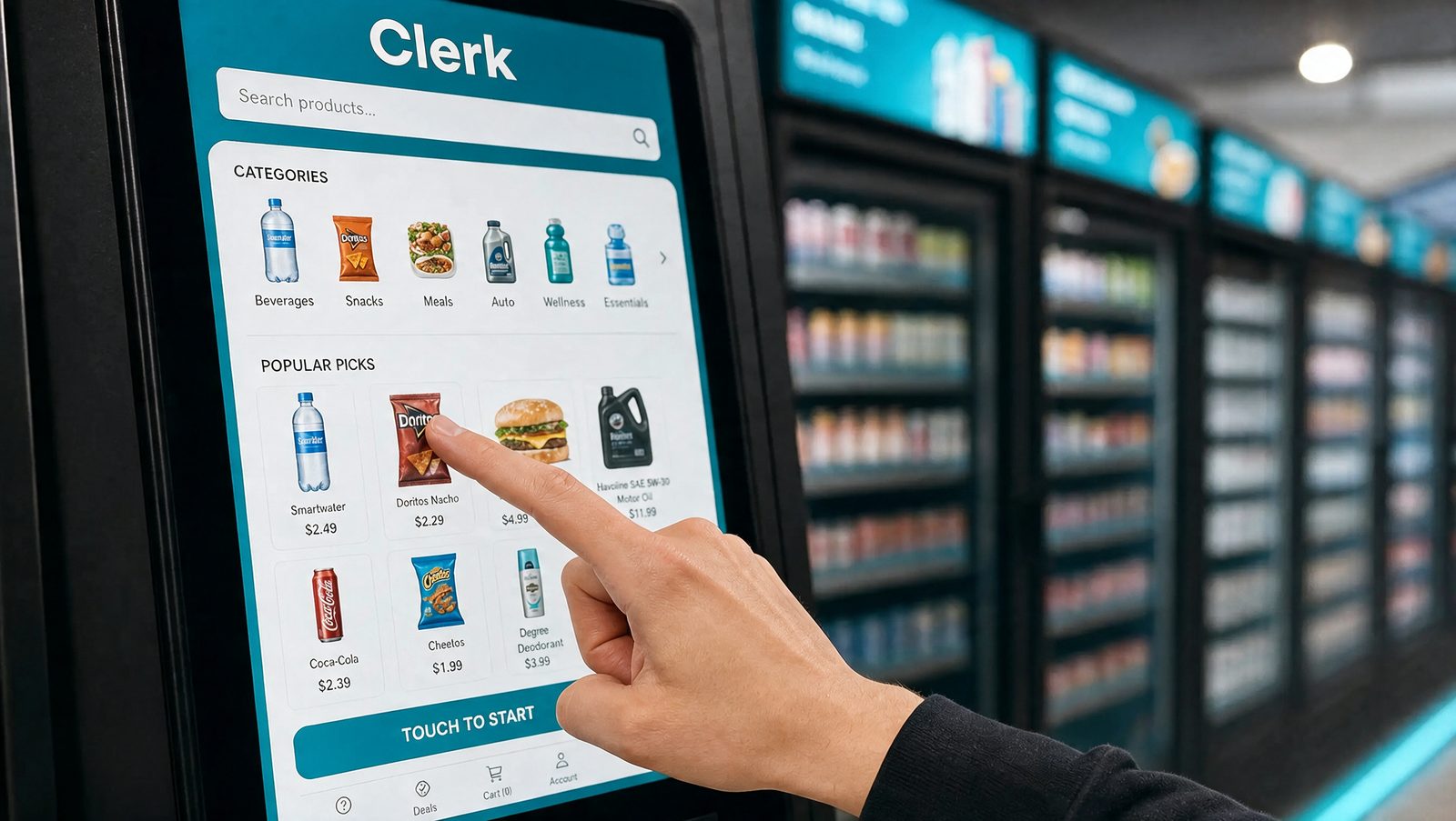 The Clerk kiosk column: touchscreen, tap-to-pay reader and pickup hatch
