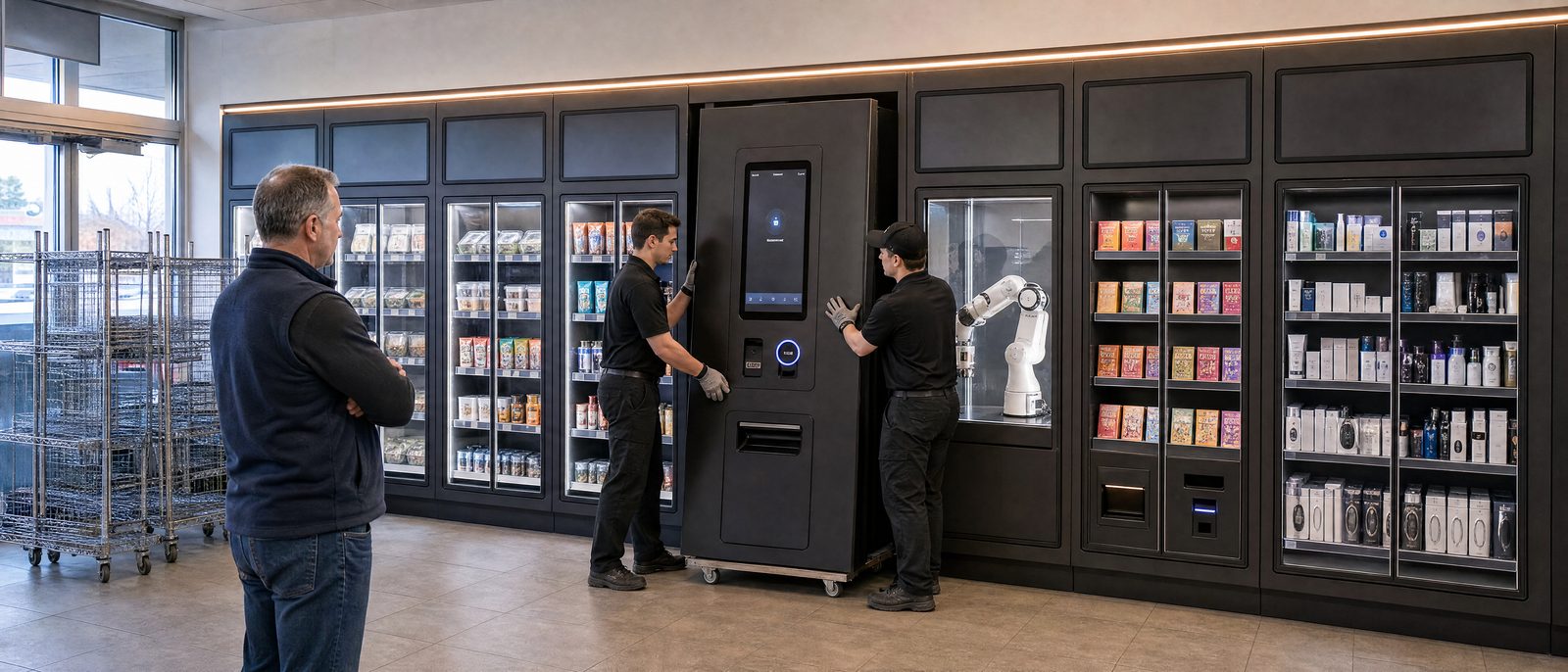 A Clerk technician installing a module inside a gas-station store